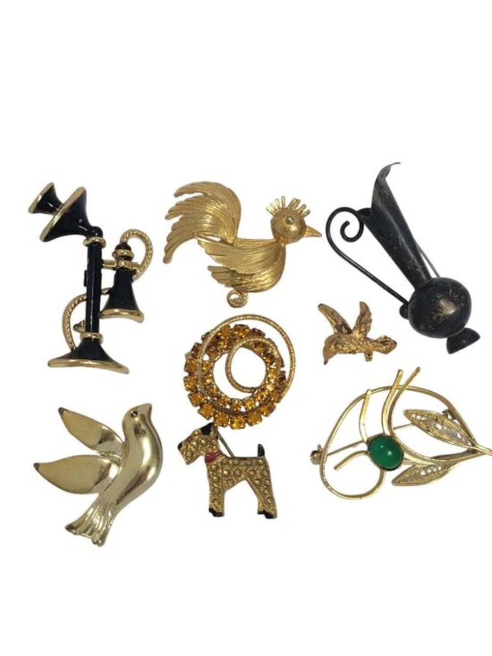 Vintage Gold-Tone & Enamel Animal Floral & Abstract Brooch Set - Lot Of 8 Unique